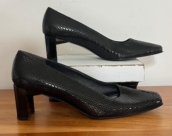 Stuart Weitzman Black Snakeskin Embossed Leather Square Toe Block Heels Size 8AA