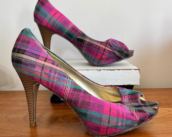 Candies Classy Pink Plaid Peep Toe Pumps Womens 8.5 High Heel Shoes Y2K Vintage