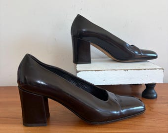 Via Spiga Brown Leather Square Toe Block Heel Pumps Made in Italy Womens 6.5 B