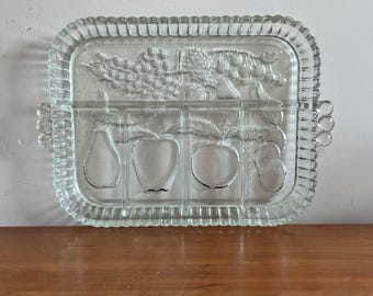 Vintage Clear Pressed Glass Relish Tray Fruit Embossed Divided Serving Dish