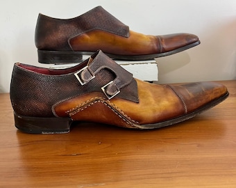 Scarpe da uomo Magnanni con doppia fibbia, modello 19616, in pelle bicolore marrone, taglia US 12 EU 45