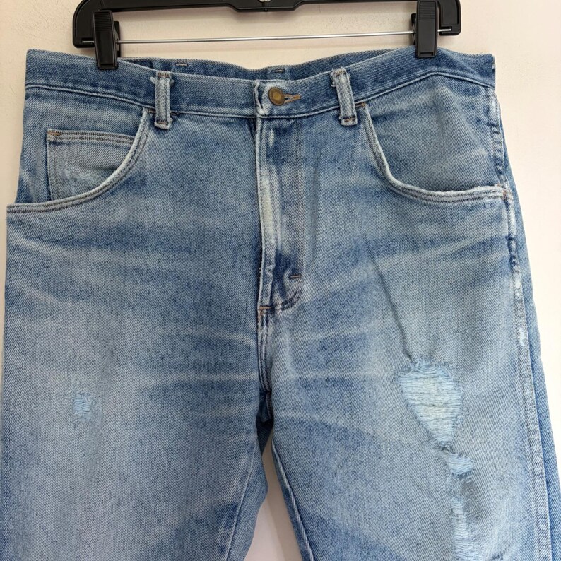 Vintage 70s Wrangler American Hero Jeans Light Wash Distressed 85860SW 34x30 USA image 2