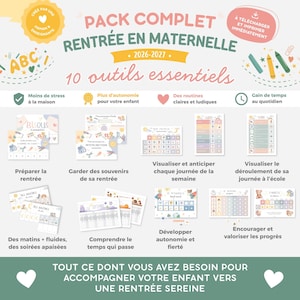 以下が含まれることがあります： 幼稚園の入園準備用デジタル印刷パック「PACK COMPLET RENTRÉE EN MATERNELLE 2026-2027」。カラフルなイラスト、チャート、スケジュール表など、子供の毎日の学校生活のルーチンを整理するための10種類の必須ツールが含まれています。