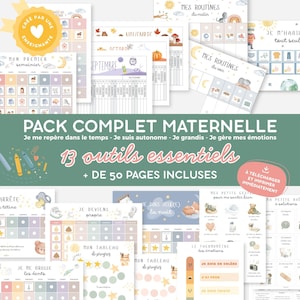 Peut inclure: Un ensemble de fiches pédagogiques et de tableaux de suivi pour enfants, illustrés avec des couleurs pastel, incluant des routines quotidiennes, des thermomètres des émotions et des tableaux de progression avec le texte Pack Complet Maternelle.