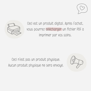 Op de afbeelding: Illustratie van een printer en een megafoon met de tekst: "Ceci est un produit digital. Apr&egrave;s l'achat, vous pourrez t&eacute;l&eacute;charger un fichier PDF &agrave; imprimer par vos soins. Ceci n'est pas un produit physique. Aucun produit physique ne sera envoy&eacute;."