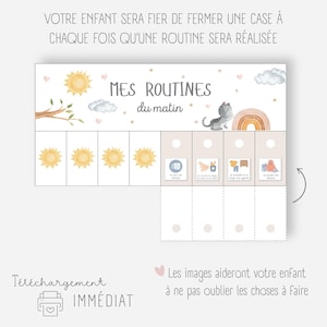 Op de afbeelding: Een printbare kaart met een lichtroze achtergrond en een regenboogontwerp. De kaart is getiteld "Mes Routines du matin" en bevat een kattenillustratie. De kaart is ontworpen om kinderen te helpen hun ochtendroutine te leren en bij te houden.