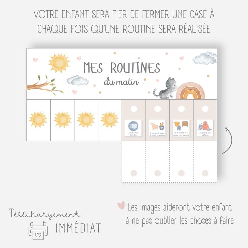 Op de afbeelding: Een printbare kaart met een lichtroze achtergrond en een regenboogontwerp. De kaart is getiteld "Mes Routines du matin" en bevat een kattenillustratie. De kaart is ontworpen om kinderen te helpen hun ochtendroutine te leren en bij te houden.