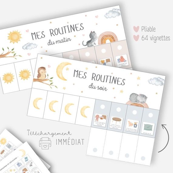 Routine enfant, Tableau des routines matin et soir, Support routine, Liste responsabilités, Emploi du temps visuel imprimable, Montessori