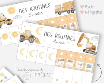 Op de afbeelding: Een set van twee printbare kaarten voor de dagelijkse routines van kinderen. De kaarten hebben een geel bouwvoertuigthema met illustraties van een bulldozer, een betonmixer en manen. De tekst op de kaarten luidt "Mes routines du matin" en "Mes routines du soir".