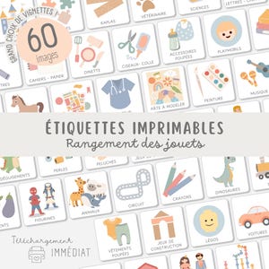 Peut inclure: Étiquettes imprimables pour le rangement des jouets avec des illustrations colorées. Les étiquettes comprennent des catégories comme les dinosaures, les playmobils, les crayons, et plus encore. Le texte sur les étiquettes est "ÉTIQUETTES IMPRIMABLES Rangement des jouets".