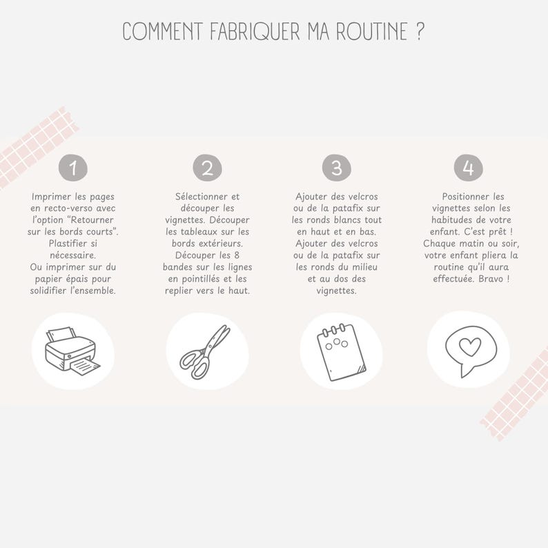 Op de afbeelding: Vier stappen om een routine voor kinderen te maken. De stappen worden ge&iuml;llustreerd met pictogrammen: een printer, een schaar, een notitieblok en een spraakballon met een hart. De tekst luidt: "Comment fabriquer ma routine?" wat vertaald kan worden als "Hoe maak ik mijn routine?"