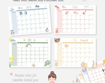 Calendario 2026, Calendario imprimible, Calendario mensual, Calendario familiar, Planificador infantil, Gestión del tiempo familiar