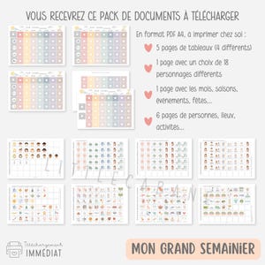 Może przedstawiać: Cyfrowy pakiet do pobrania zatytułowany MON GRAND SEMAINIER w formacie PDF A4. Zawiera 5 stron z tabelami, 1 stronę z 18 postaciami, 1 stronę z miesiącami, porami roku i wydarzeniami oraz 6 stron z ludźmi, miejscami i aktywnościami.