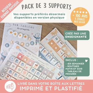 Peut inclure: Un ensemble de trois supports éducatifs comprenant un tableau de progrès, un semainier et des routines. Les supports présentent des illustrations d'animaux, de soleils et de lunes, avec des textes, des pastilles blanches et des grilles pour le suivi des tâches quotidiennes.
