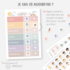 Könnte beinhalten: Ein druckbarer Chart mit einem Regenbogen und einer Sonne, betitelt "Je vais où aujourd'hui?" (Wo gehe ich heute hin?). Der Chart hat die Wochentage auf der linken Seite aufgelistet, mit Platz für Sticker, um anzugeben, wo sich das Kind jeden Tag aufhält. Die Sticker beinhalten ein Haus, einen Rucksack und eine Person.