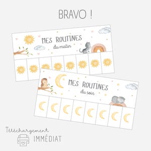 Op de afbeelding: Printbare kaart met een schattig dierenmotief voor kinderen om hun ochtend- en avondroutines bij te houden. De kaart heeft een zon voor de ochtend en een maan voor de avond, met ruimte voor stickers of vinkjes. De tekst luidt "Mes routines du matin" en "Mes routines du soir".