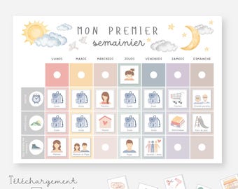 Op de afbeelding: Een weekplanner met de titel MON PREMIER SEMAINIER, ingedeeld in dagen van de week en rijen voor ochtend-, middag- en avondactiviteiten. Het bevat pastelkleurige iconen, illustraties van dagelijkse taken en kleine printbare kaartjes.