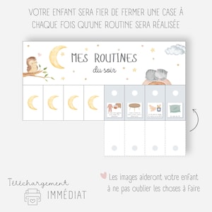 Op de afbeelding: Een printbare kaart met een lichtblauwe achtergrond en een witte rand. De kaart is getiteld "Mes routines du soir" en heeft een schattige illustratie van een uil en een kat. De kaart heeft vijf secties met manen en afbeeldingen om kinderen te helpen hun bedtijdroutine te onthouden.