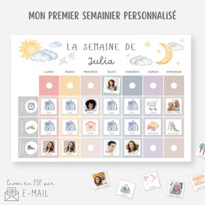 Op de afbeelding: Een gepersonaliseerde weekplanner met de titel MON PREMIER SEMAINIER PERSONNALISÉ en LA SEMAINE DE Julia. Het rooster bevat dagen van de week, tijdvakken en gekleurde kolommen met iconen van rugzakken, huizen en foto's voor planning.