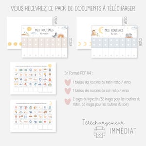 Op de afbeelding: Een downloadbare PDF om te printen voor een set routinekaarten voor kinderen. De kaarten zijn ontworpen voor ochtend- en avondroutines en bevatten afbeeldingen van activiteiten zoals tandenpoetsen, aankleden en een boek lezen. De download bevat twee kaarten, twee pagina's met vignetten en 32 afbeeldingen voor elke routine.