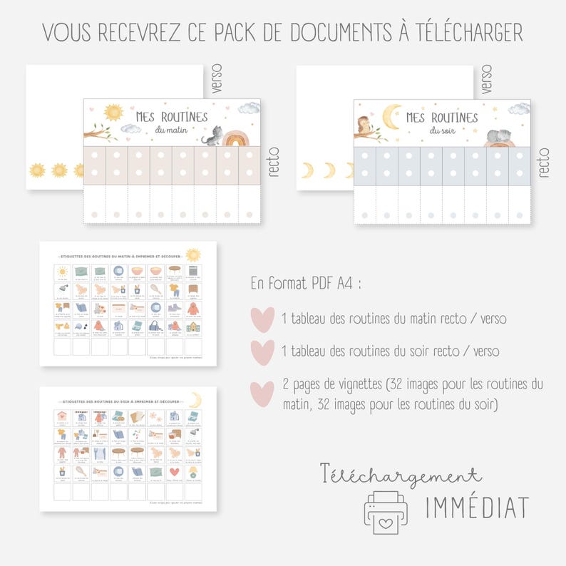 Op de afbeelding: Een downloadbare PDF om te printen voor een set routinekaarten voor kinderen. De kaarten zijn ontworpen voor ochtend- en avondroutines en bevatten afbeeldingen van activiteiten zoals tandenpoetsen, aankleden en een boek lezen. De download bevat twee kaarten, twee pagina's met vignetten en 32 afbeeldingen voor elke routine.