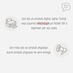 Może przedstawiać: Ilustracja drukarki i megafonu z tekstem: "Ceci est un produit digital. Apr&egrave;s l'achat, vous pourrez t&eacute;l&eacute;charger un fichier PDF &agrave; imprimer par vos soins. Ceci n'est pas un produit physique. Aucun produit physique ne sera envoy&eacute;."