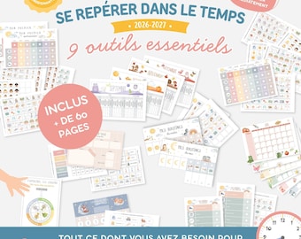 May include: A digital educational pack for time management and routine tracking, featuring 2026-2027 calendars, daily planners, and seasonal charts. The collection includes over 60 printable pages with colorful illustrations, text in French, and various organizational templates for children.