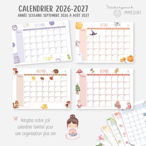 Op de afbeelding: Digitale kalender voor het schooljaar 2026-2027, met maandelijkse lay-outs van september tot december. Elke maand heeft een uniek thema met illustraties, waaronder een heksenhoed, pompoenen en een kerstboom. De kalender bevat de tekst "CALENDRIER 2026-2027".