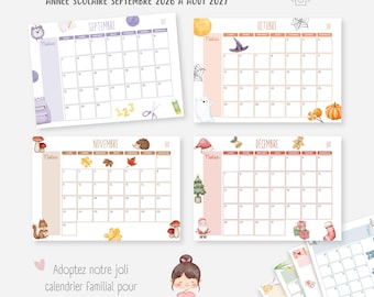 Calendario 2026-2027, Calendario escolar imprimible, Calendario mensual, Calendario familiar, Planificador infantil, Gestión del tiempo familiar