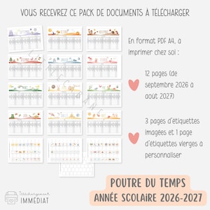 Może przedstawiać: Cyfrowy zestaw do pobrania z kalendarzem roku szkolnego 2026-2027, oznaczony POUTRE DU TEMPS ANN&Eacute;E SCOLAIRE 2026-2027. Zawiera 12 stron miesięcznych od września 2026 do sierpnia 2027, 3 strony z ilustrowanymi etykietami i 1 pustą stronę.