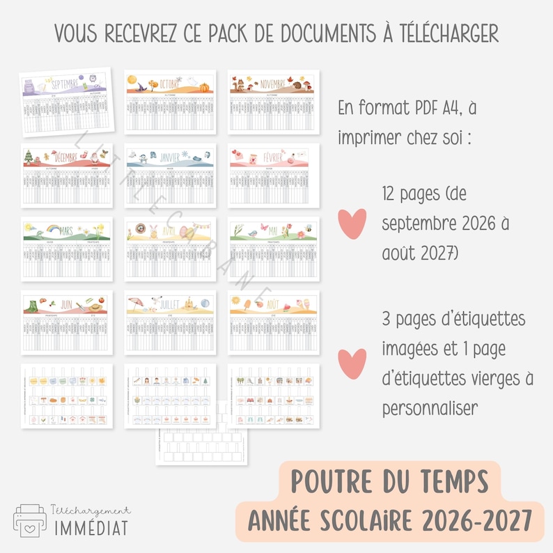 Może przedstawiać: Cyfrowy zestaw do pobrania z kalendarzem roku szkolnego 2026-2027, oznaczony POUTRE DU TEMPS ANN&Eacute;E SCOLAIRE 2026-2027. Zawiera 12 stron miesięcznych od września 2026 do sierpnia 2027, 3 strony z ilustrowanymi etykietami i 1 pustą stronę.
