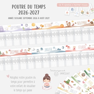 May include: A colorful, illustrated time tracker for the 2026-2027 school year, featuring months from September to August. Includes over 70 printable vignettes. The design incorporates seasonal themes and whimsical illustrations.