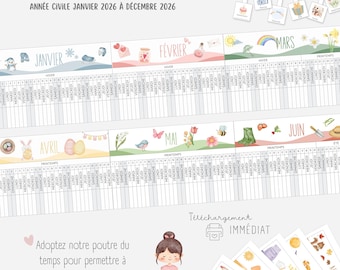Poutre du temps année civile 2026, Montessori, Calendrier 2026 à imprimer, Calendrier enfant, Calendrier saisons, Planning 2026