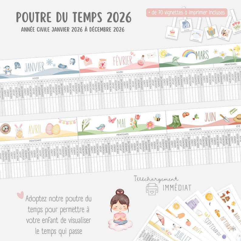 Zeitleiste für das Kalenderjahr 2026, Montessori, Druckbarer Kalender 2026, Kinderkalender, Jahreszeitenkalender, Planer 2026 Bild 1