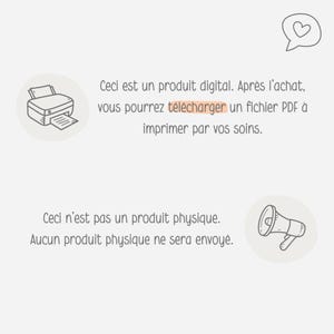 Może przedstawiać: Powiadomienie o produkcie cyfrowym z ikoną drukarki i megafonem. Tekst brzmi: Ceci est un produit digital. Apr&egrave;s l'achat, vous pourrez t&eacute;l&eacute;charger un fichier PDF &agrave; imprimer par vos soins. Ceci n'est pas un produit physique.