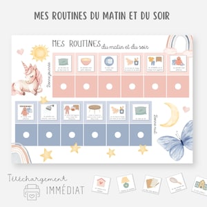 Pode incluir: Um gráfico de rotina diária imprimível com o texto "MES ROUTINES DU MATIN ET DU SOIR". O gráfico apresenta ilustrações para atividades matinais e noturnas, um unicórnio, sol, lua, estrelas e uma borboleta.