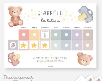 Pode incluir: Um gráfico imprimível com o texto "J'ARRÊTE LA TÉTINE" e "J'ARRÊTE la tétine". O gráfico apresenta um ursinho de pelúcia, uma chupeta e estrelas. Inclui espaços para cada dia da semana, com a palavra "AUJOURD'HUI" e o texto "Je pose une étoile à chaque fois que je ne prends pas ma tétine".