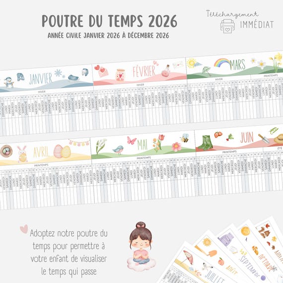 Poutre du temps année civile 2026, Montessori, Calendrier 2026 à imprimer, Calendrier enfant, Calendrier saisons, Planning 2026