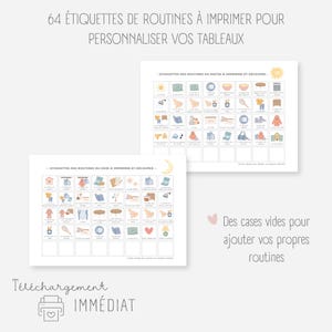 Op de afbeelding: Printbare routinekaarten voor kinderen. 64 kleurrijke kaarten met afbeeldingen van ochtend- en avondroutines. De kaarten zijn ontworpen om uit te knippen en te gebruiken om het visuele schema van een kind te personaliseren. De tekst op de kaarten luidt "64 &Eacute;TIQUETTES DE ROUTINES &Agrave; IMPRIMER POUR PERSONNALISER VOS TABLEAUX" en "ETIQUETTES DES ROUTINES DU MATIN & IMPRIMER ET DECOUPER" en "ETIQUETTES DES ROUTINES DU SOIR A IMPRIMER ET DECOUPER".