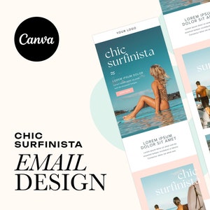 Puede incluir: Diseño de plantilla de correo electrónico con el texto "chic surfinista" en un esquema de color rosa y azul. La plantilla presenta imágenes de personas surfeando y el océano. El texto "LOREM IPSUM DOLOR SIT AMET" también se incluye en la plantilla.