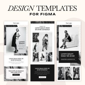 Pode incluir: Modelos de design para Figma. A imagem mostra três maquetes com fotos em preto e branco de pessoas vestindo roupas da moda. Cada maquete inclui texto de espaço reservado e um botão de chamada para ação. A parte superior da imagem diz "DESIGN TEMPLATES FOR FIGMA."