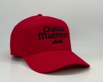 Chateau Marmont Red Snapback Hat – Embroidered Hotel Logo, Pan Silhouette Back
