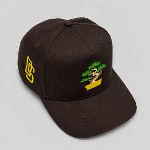 Puede incluir: Una gorra de béisbol de color marrón oscuro con un bonsái bordado en verde y beige en el panel frontal. El lateral de la gorra muestra un logotipo amarillo bordado que consiste en dos letras entrelazadas. La gorra tiene una corona estructurada.