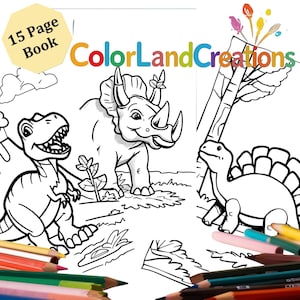 Dinosaur World Coloring Book for Kids - 15 Printable Pages of Dino, T-Rex, Skeleton, Vulacano, Ancient Adventures - Digital PDF Download