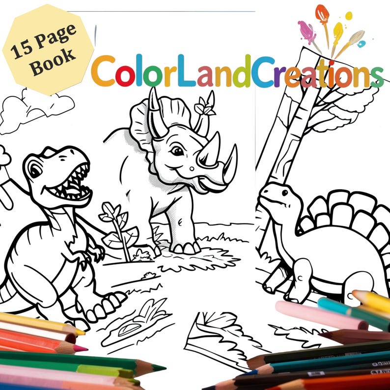 Dinosaur Coloring Book for Kids: 15 Dino Adventure Pages (digital PDF ...