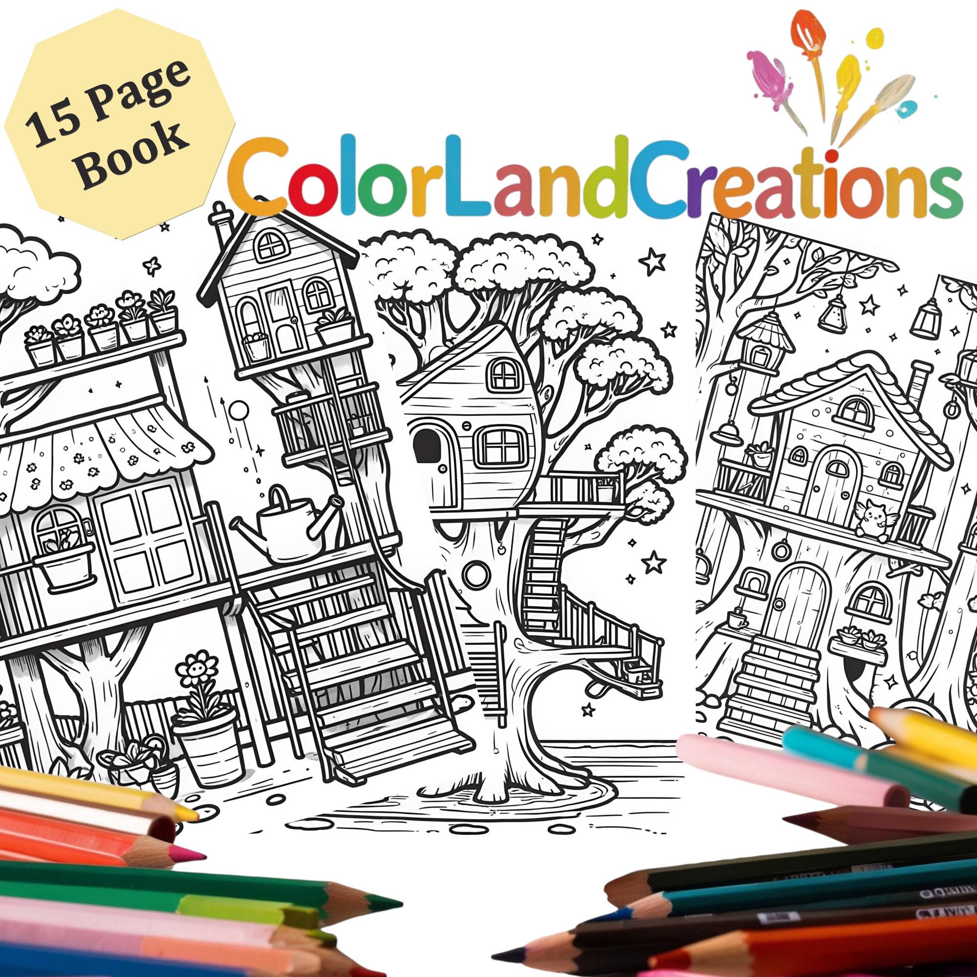 Cute and Cozy Magical Treehouses Coloring Book - 15 Pages of Whimsical ...