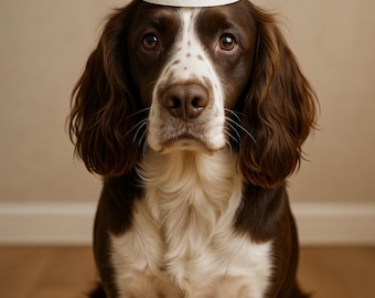 May include: A brown and white dog with a roll of white toilet paper balanced on its head. The dog is sitting on a wooden floor, looking directly at the camera. The dog has long, floppy ears and a white chest.