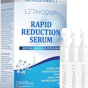 May include: A white box with the text "Advanced Formula" and "Le'phoqua Rapid Reduction Serum" on the front. The box contains three small white tubes of serum. The text "Retinol Serum for Eyes & Face" is printed on the front of the box. The text "Visibly Reduce Under-Eye Bags, Wrinkles, Facial Fine Lines, Wrinkle Smooth Skin" is printed on the back of the box.
