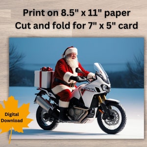 Biglietto di Natale di Babbo Natale su una moto da avventura – Arte motociclistica natalizia / Download digitale