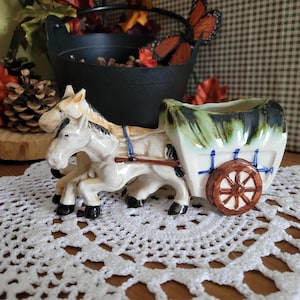Occupied Japan Trinket - Planter or Planter - Draft Horses and Hay Cart